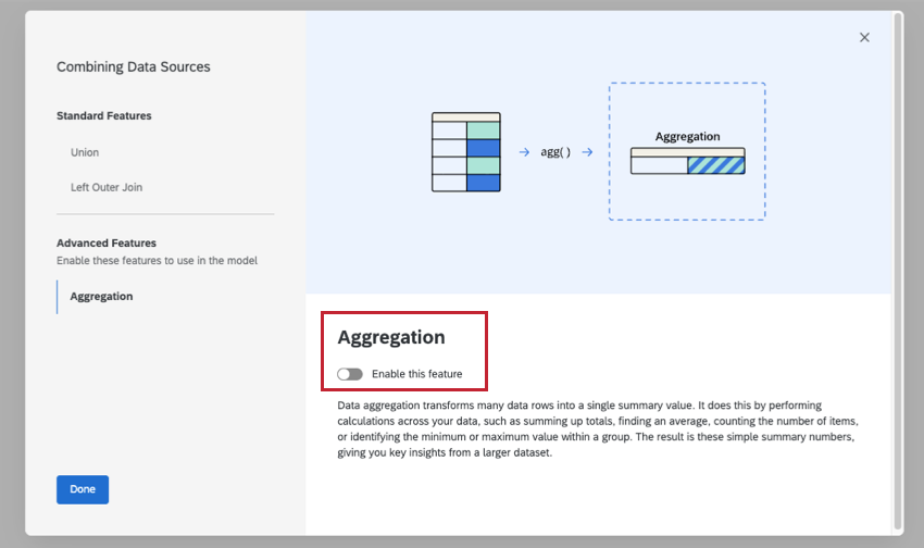 modal open in data modeler explaining aggregation and giving the option to enable it