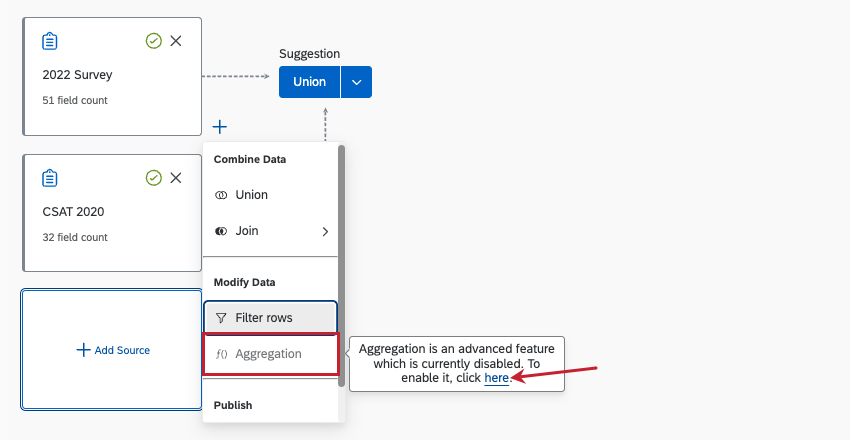 Hovering over aggregation when it is grayed out gives the option to open the enablement modal shown in the previous screenshot