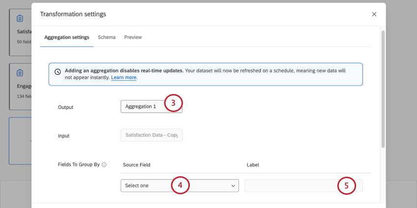 new modal opens where you set output name, source field, and label