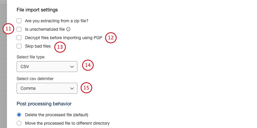 setting up an SFTP task, particularly file import settings, file type, and delimiter