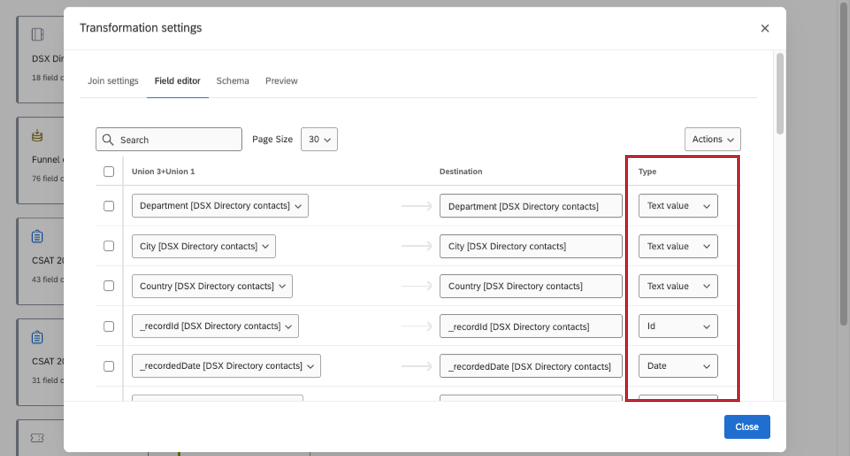 image of transformation settings modal that opens in the data model editor. the type column is highlighted 