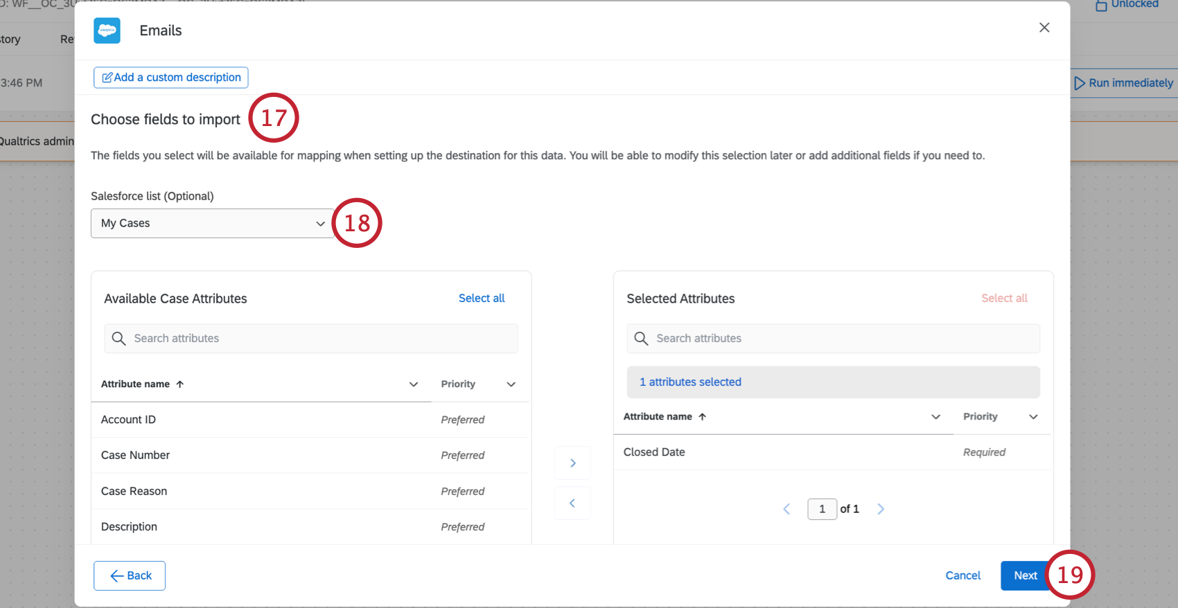 selecting case fields to import