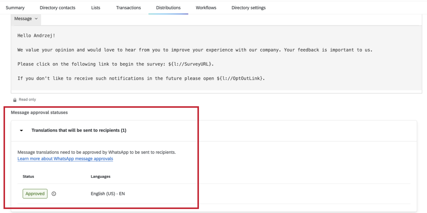 viewing the template translation statuses under the message