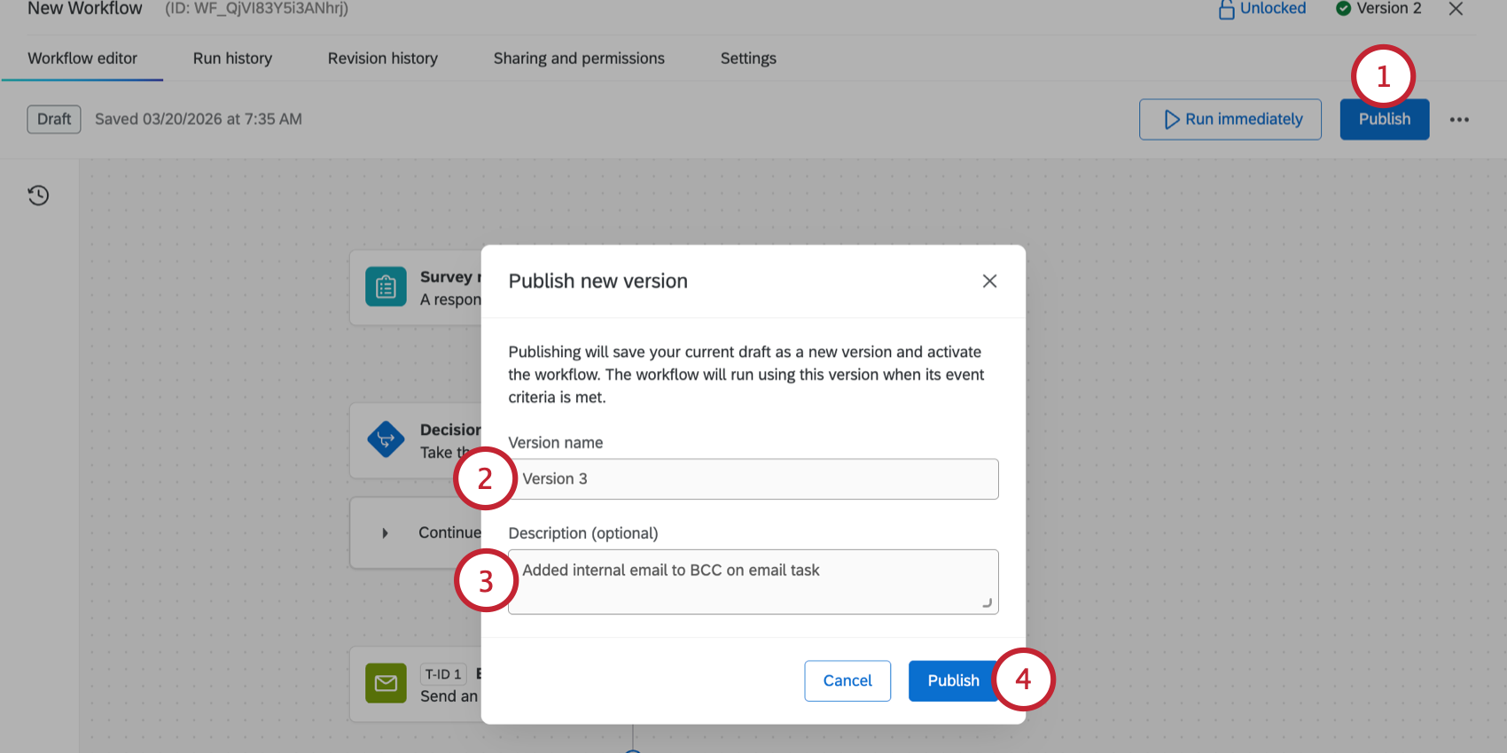 clicking publish to save a new workflow version