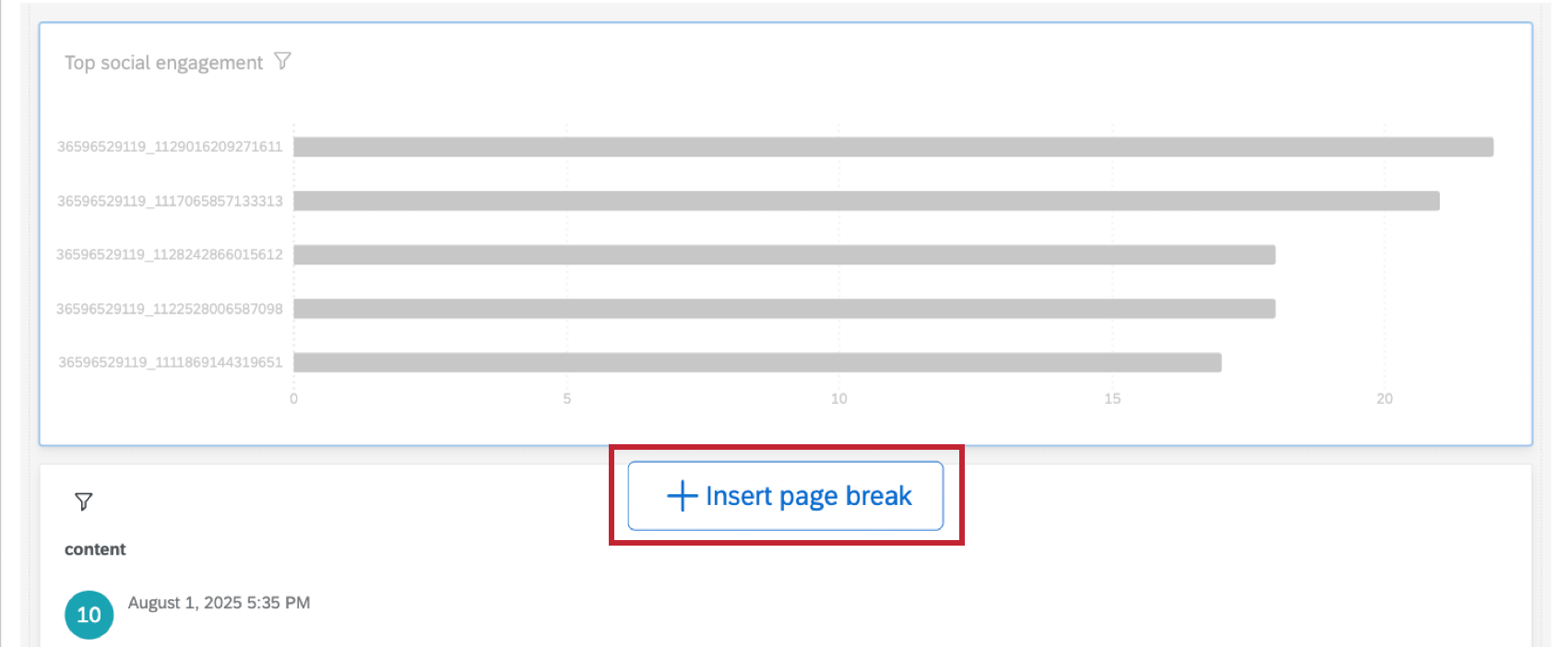 "insert page break" button highlighted within a dashboard preview