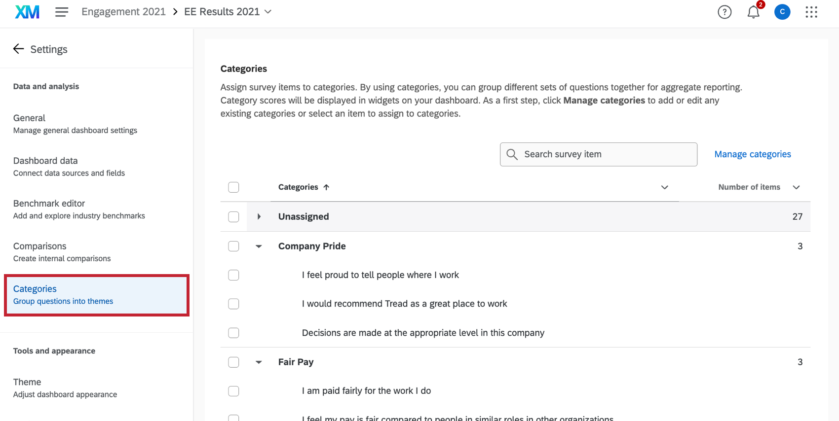 the categories tab in dashboard settings