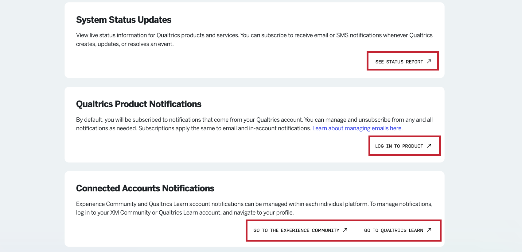 links to manage communications for other qualtrics systems