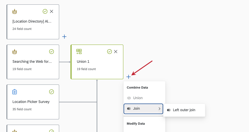adding a left outer join next to a union by clicking the plus sign