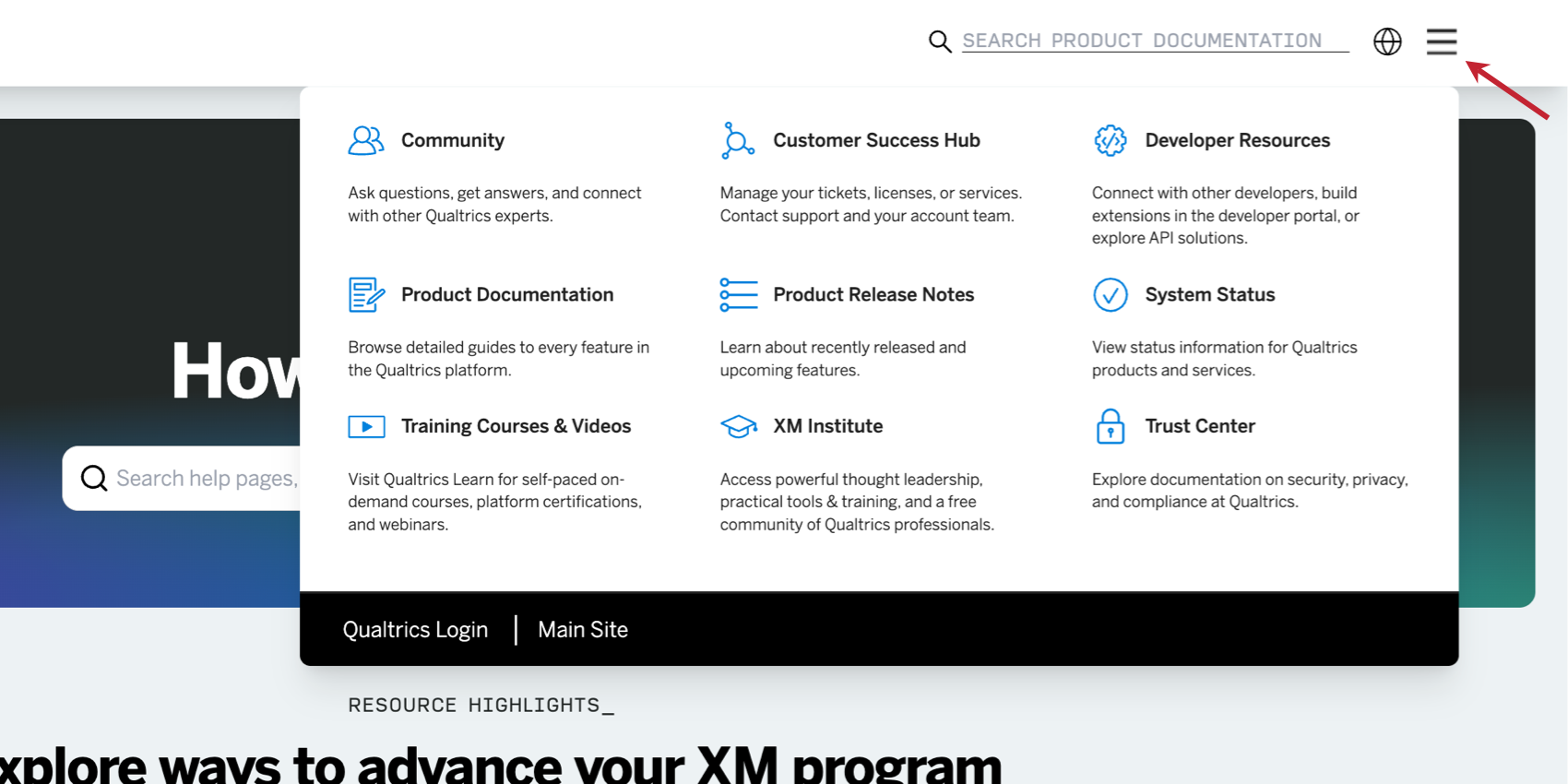 clicking the menu in the top right corner of the site to view more resources