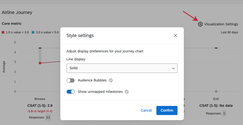 visualization settings gear opens a module where you select line display, audience bubbles, and show unmapped milestones settings