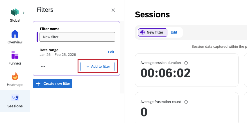 add filter button on sessions page