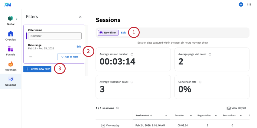 building sessions page filters
