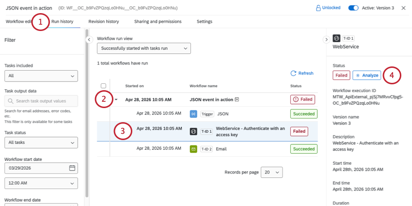opening a failed workflow and clicking the Analyze button on the right