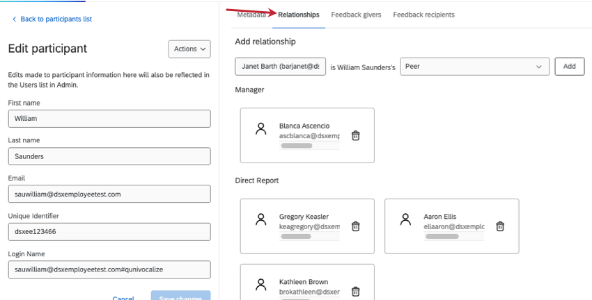 La scheda "Relazioni" all'interno della finestra delle informazioni sul partecipante è evidenziata