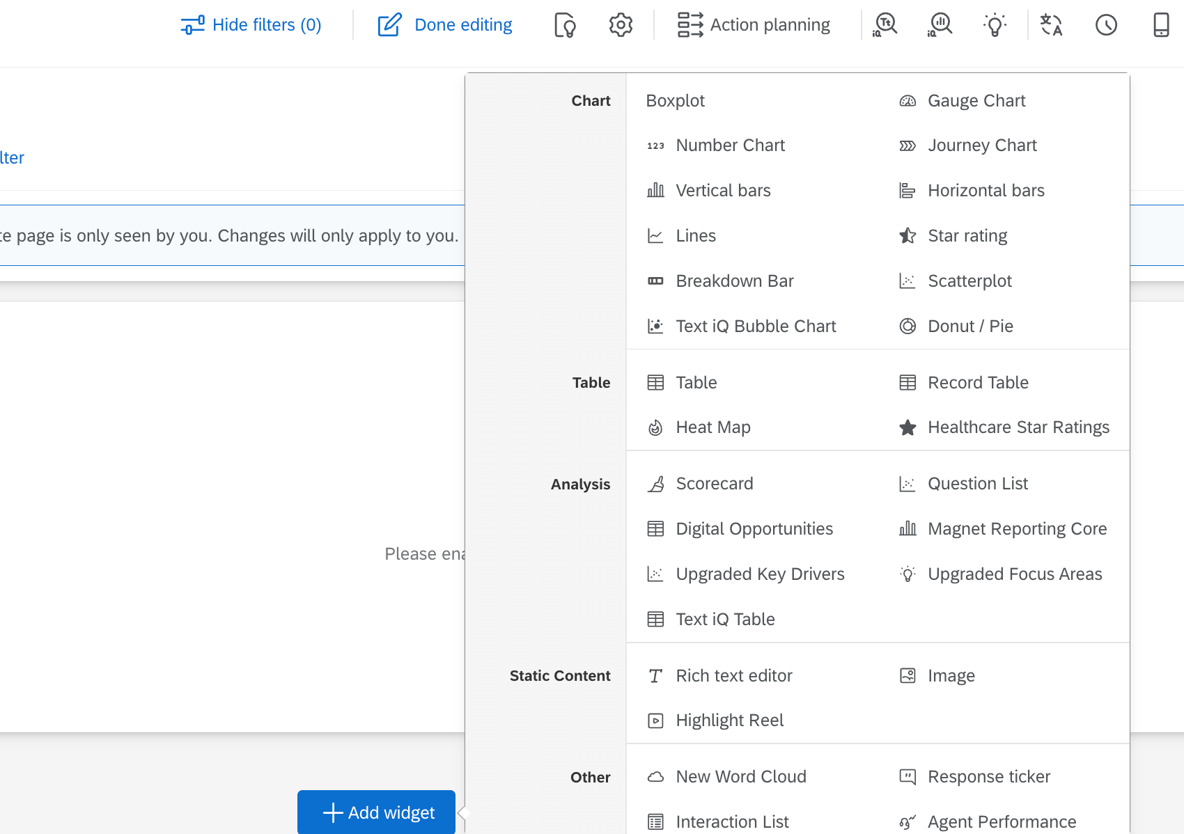 menu of available widgets to add to a dashboard page