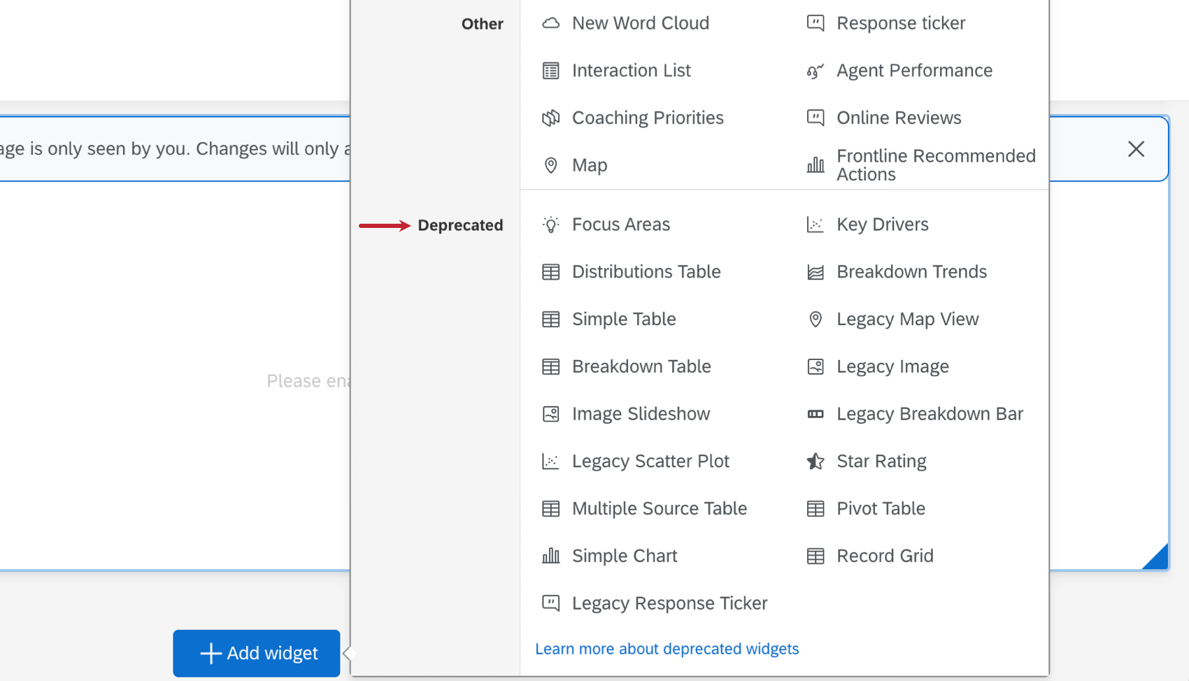 arrow pointing to the deprecated section of available dashboard widgets