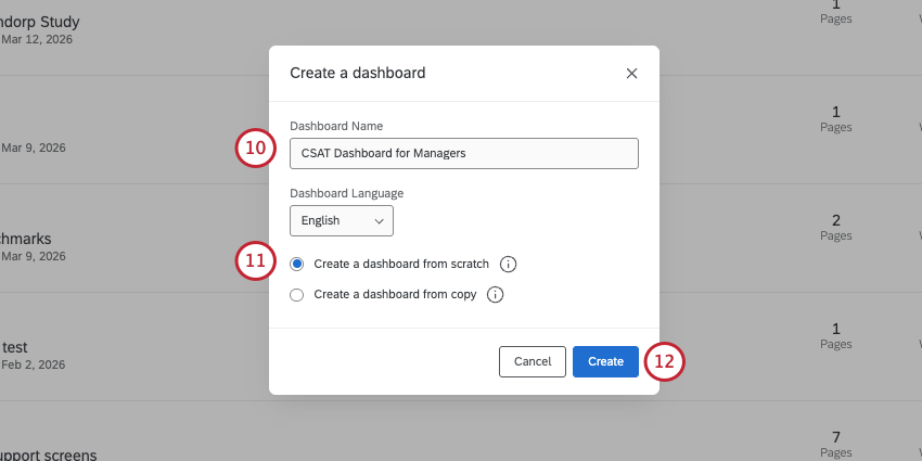 creating a dashboard window with create from scratch selected