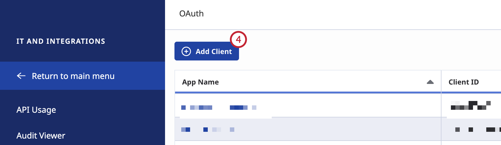"add client" button highlighted