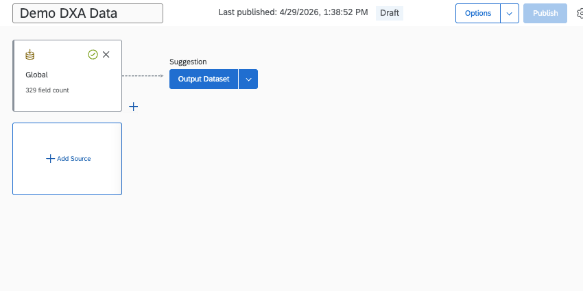 data model with a DXA source added. a suggestion recommends adding an output dataset