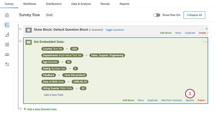 options button bottom of embedded data