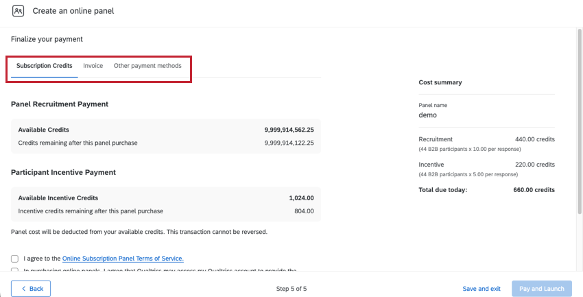 at the end when you select between subscription credits, invoice, and other payment methods