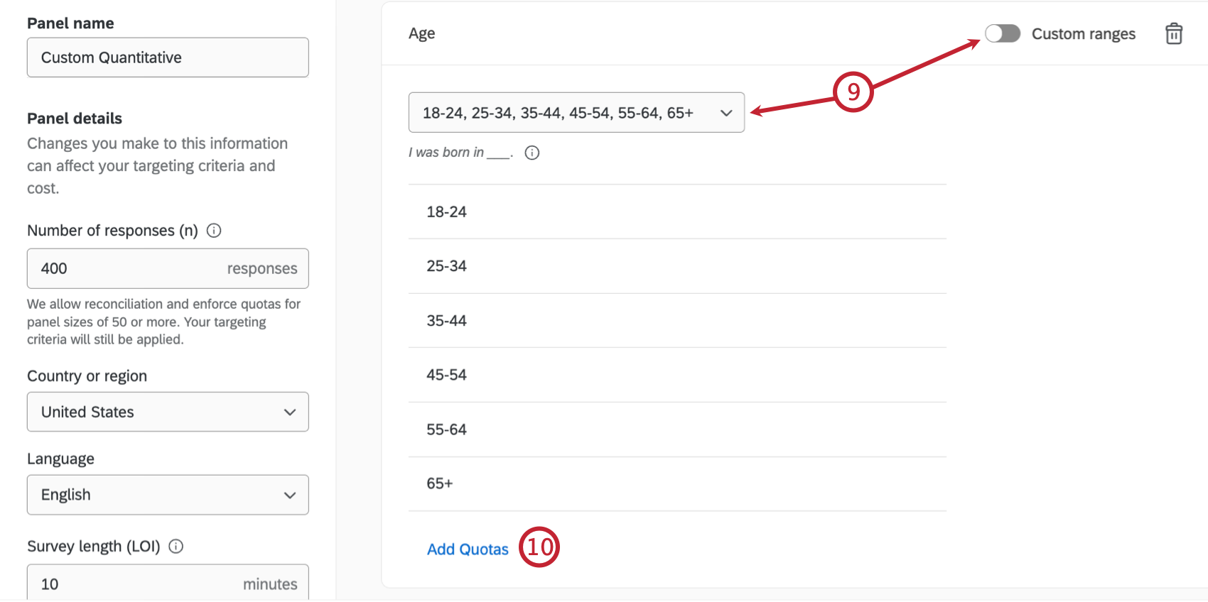 arrows pointing to the "custom ranges" and "add quotas" buttons within a panel