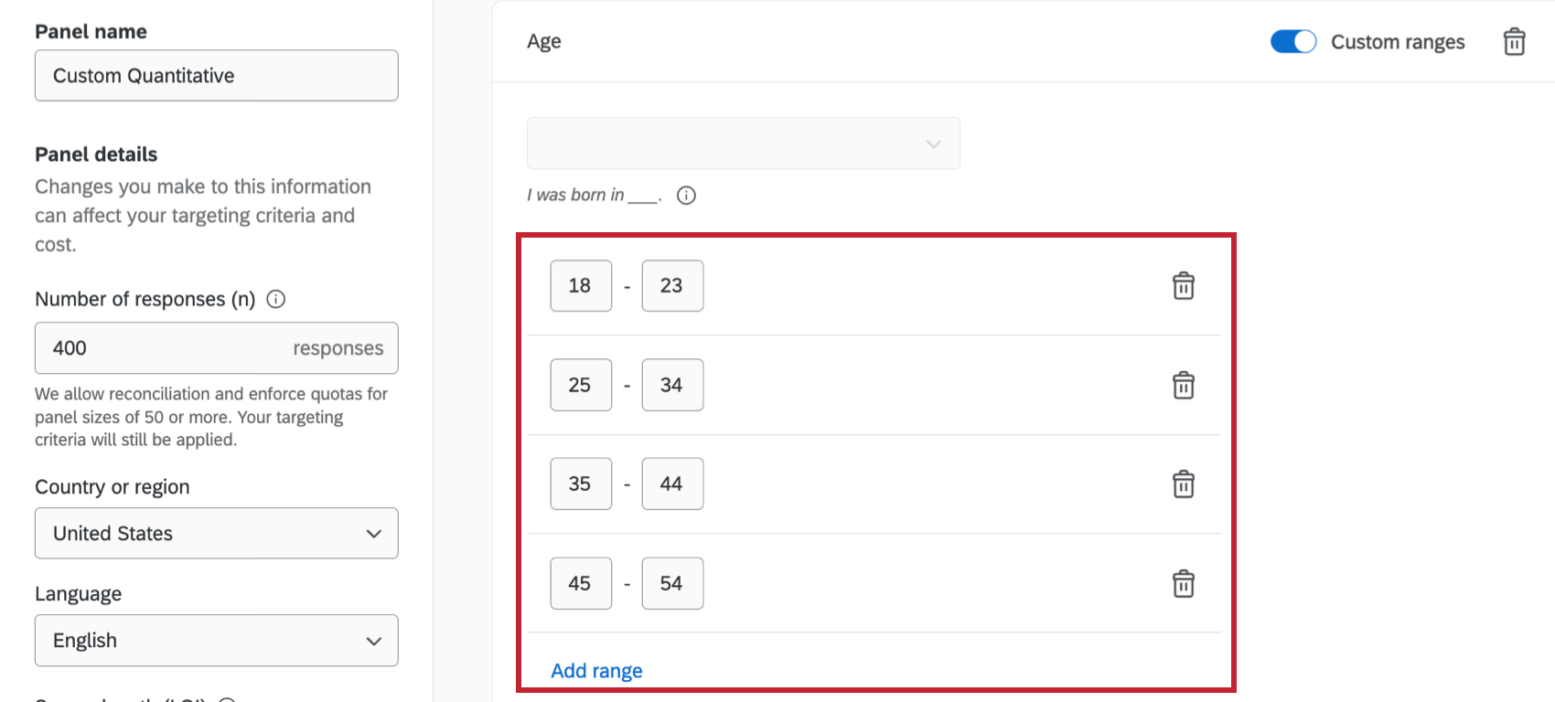 custom ranges of a criterion highlighted within the panel editor