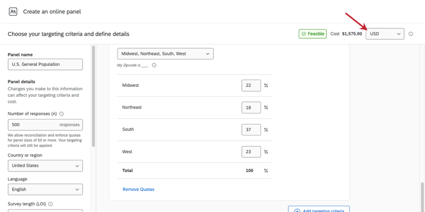 menu in upper right of a quantitative panel where you can switch between USD and credits