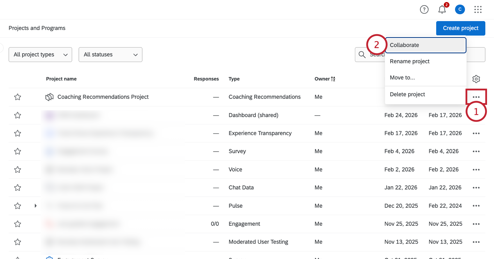selecting collaborate from the project options menu