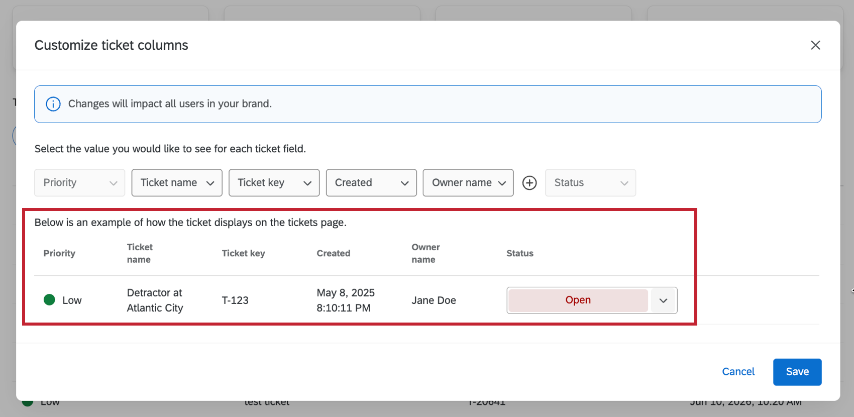 viewing the selected ticket columns