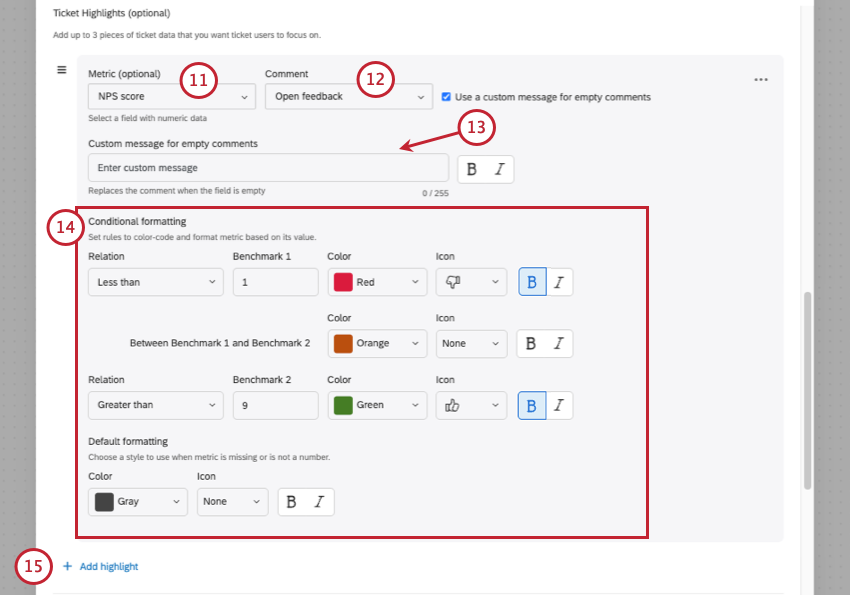 detailed highlight settings for an NPS score