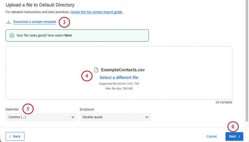 page named upload a file to default directory. steps to upload, a sample file to download, and places to upload and format a file