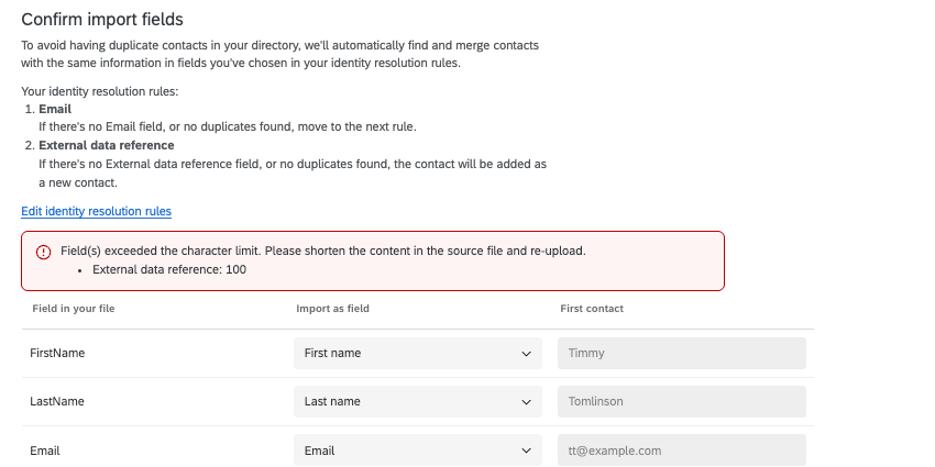 red error message about a field exceeding a limit, prevent the contact file upload