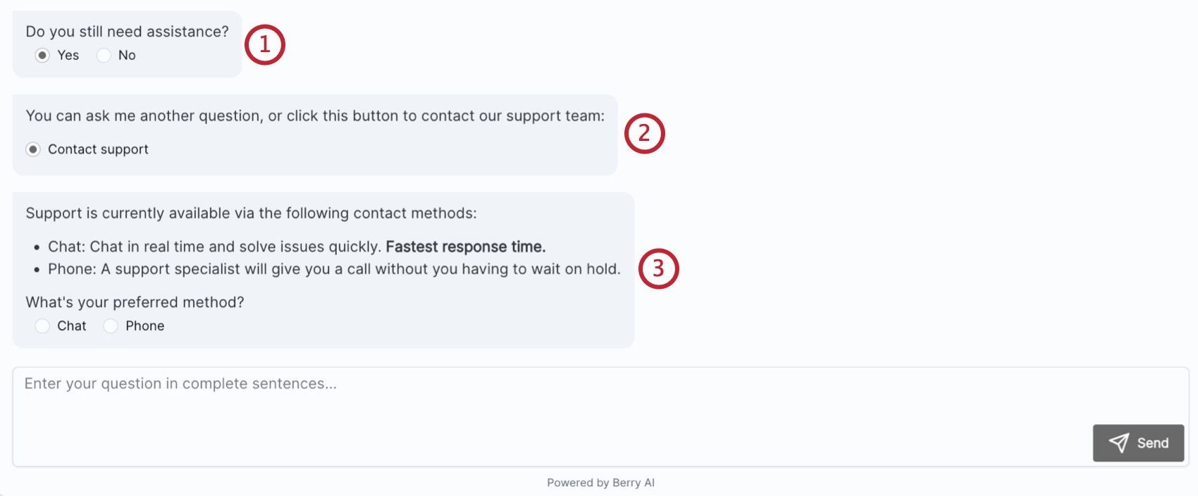 messages from the chatbot leading to additional contact with support