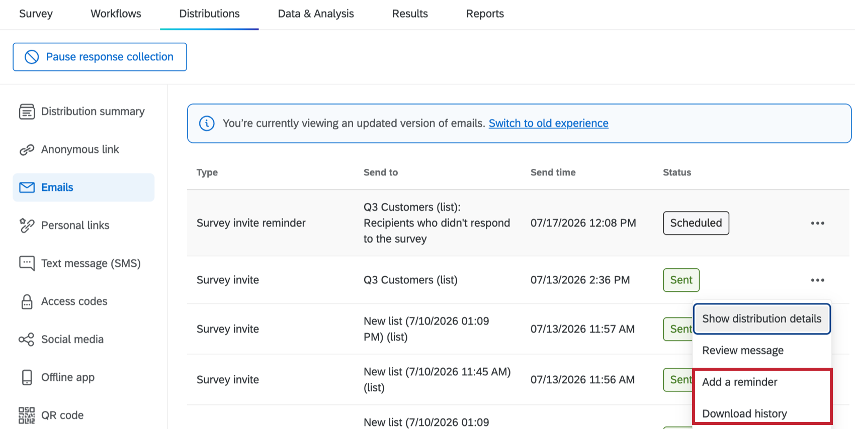 additional options for a distribution highlighted