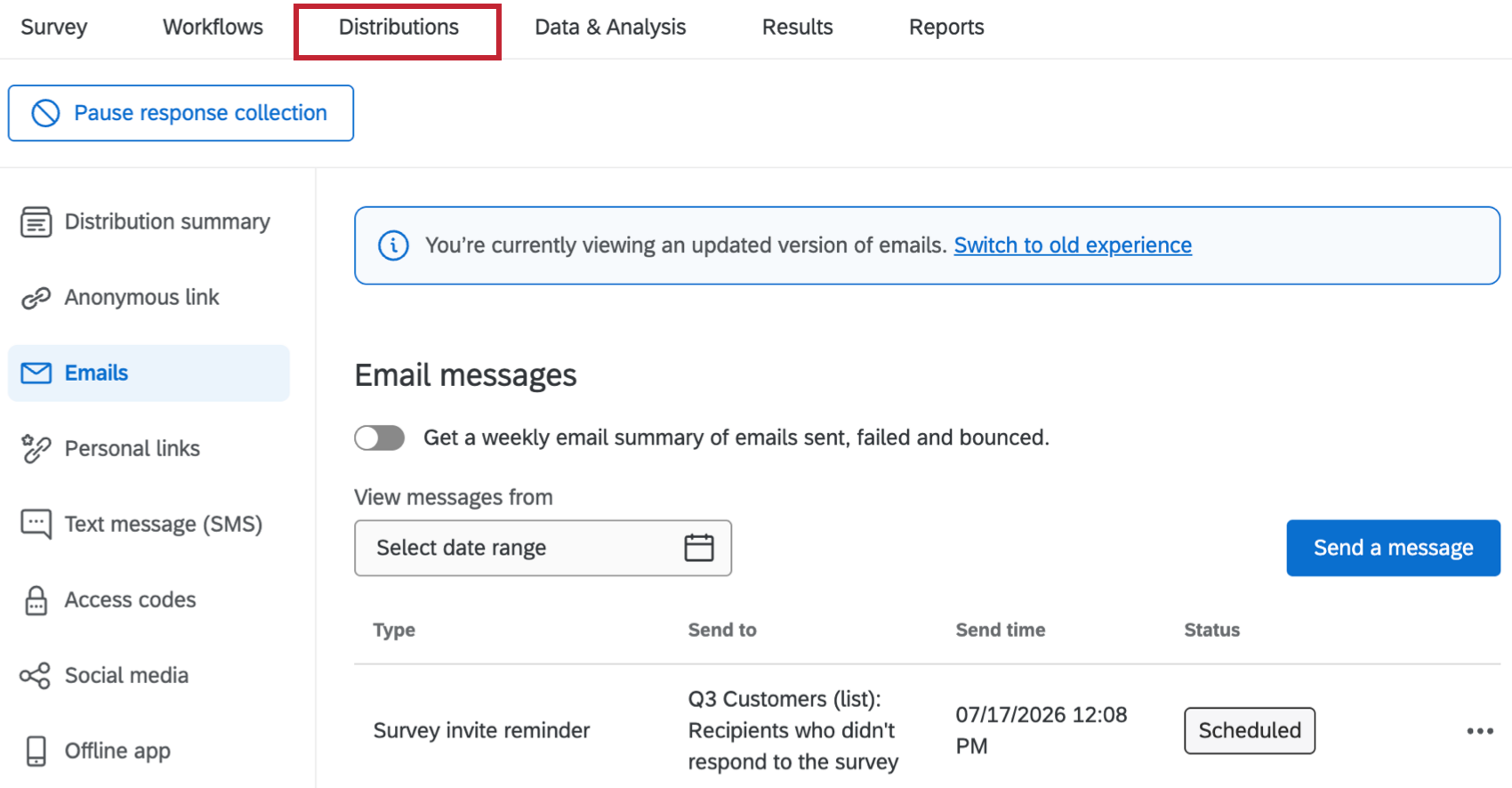 distributions tab highlighted within a project