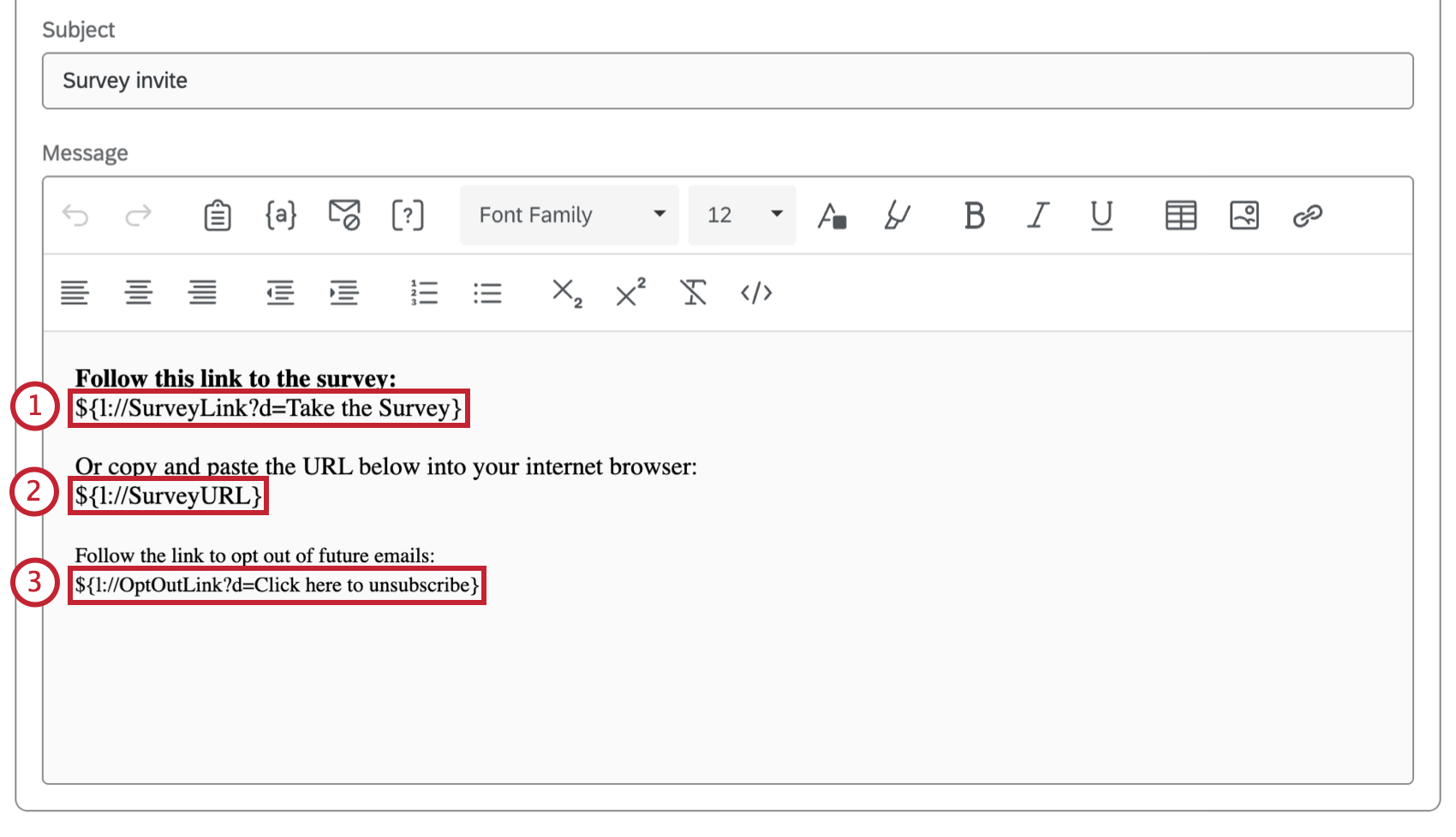 different piped text fields highlighted within the email editor