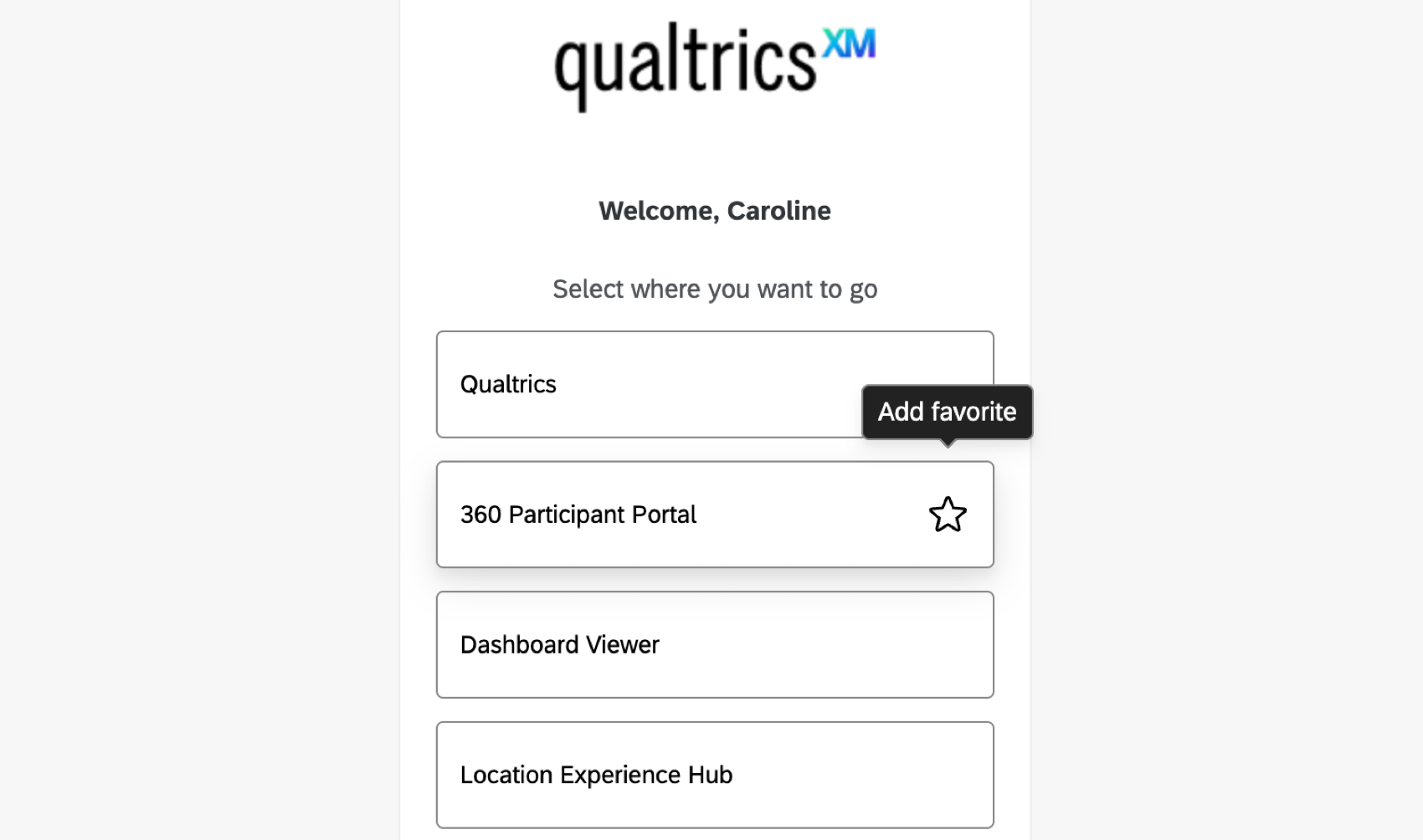 App selection page hovered over the favorite icon