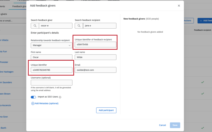 unique ID fields on the feedback giver manual upload page are highlighted