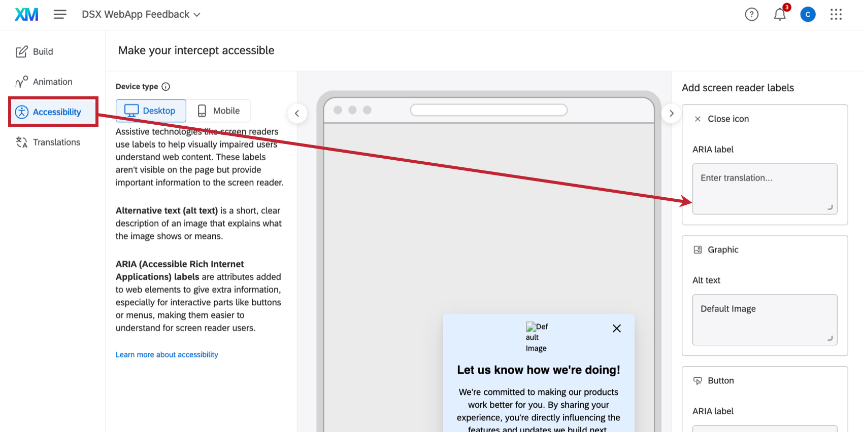 the accessibility tab of appearance studio