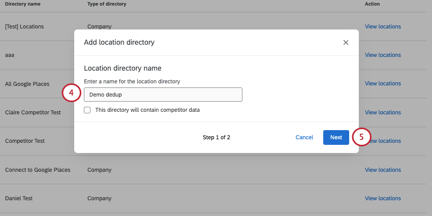 image of new window where you give the location directory a name