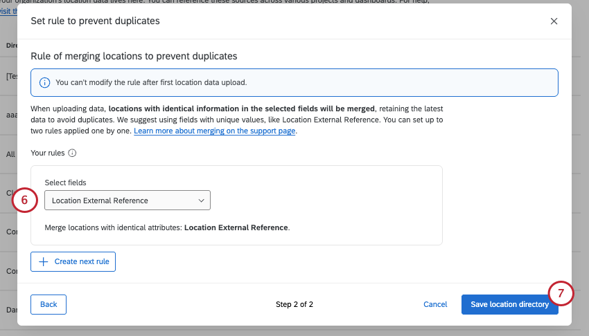 next page where you set a field that helps identify locations and thus prevent duplicates