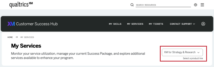 image of a menu in the upper right, at the top of the my services page. it says XM for Customer Experience, then, in smaller text beneath, select a product line