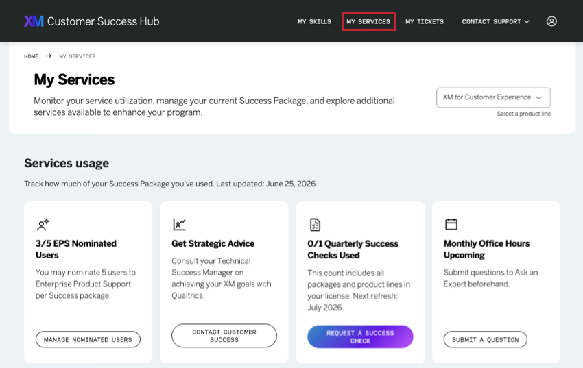 my services link in black bar on top of customer success hub