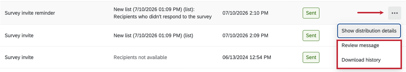 an arrow pointing to the menu that reveals additional options for a reminder distribution