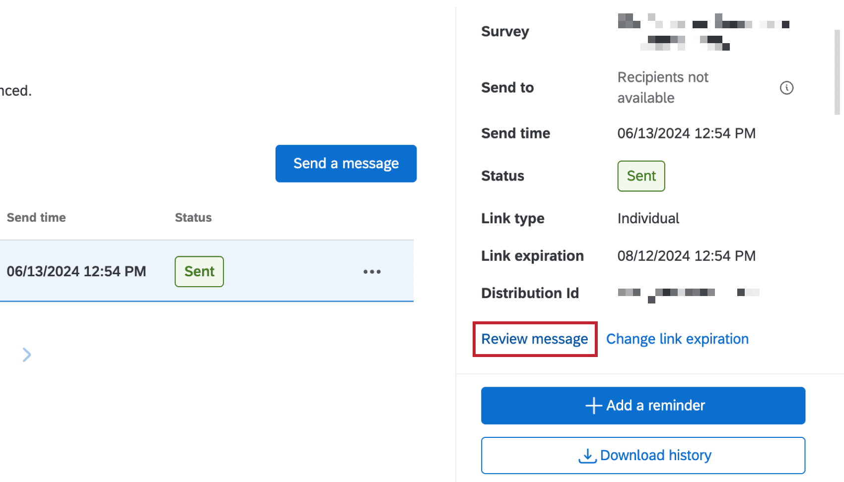 review message button within the details of a distribution