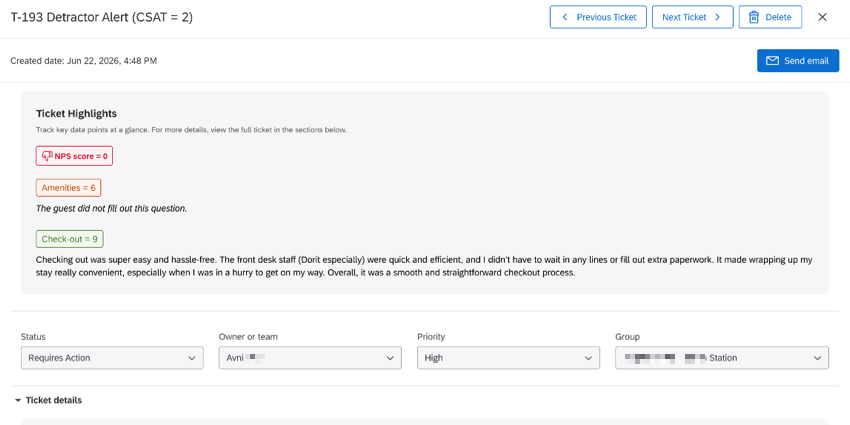 ticket highlights appear at the top of the ticket before any other info, in this case highlighting low NPS score