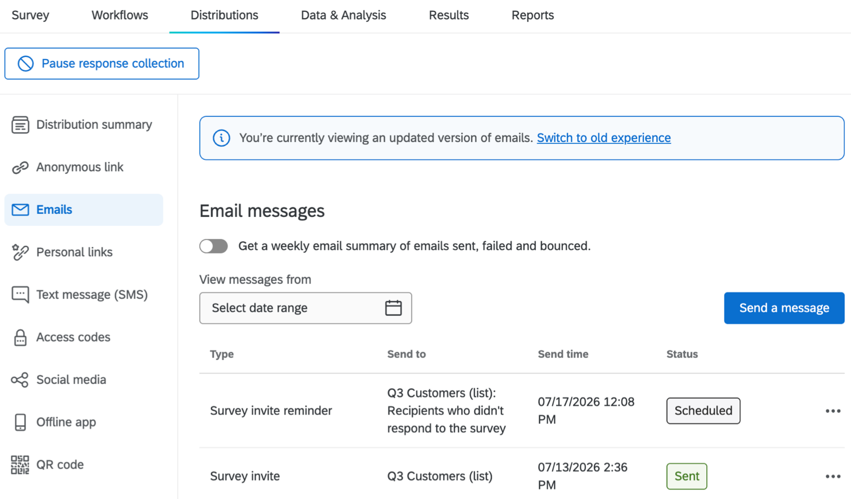 emails section within the distributions tab