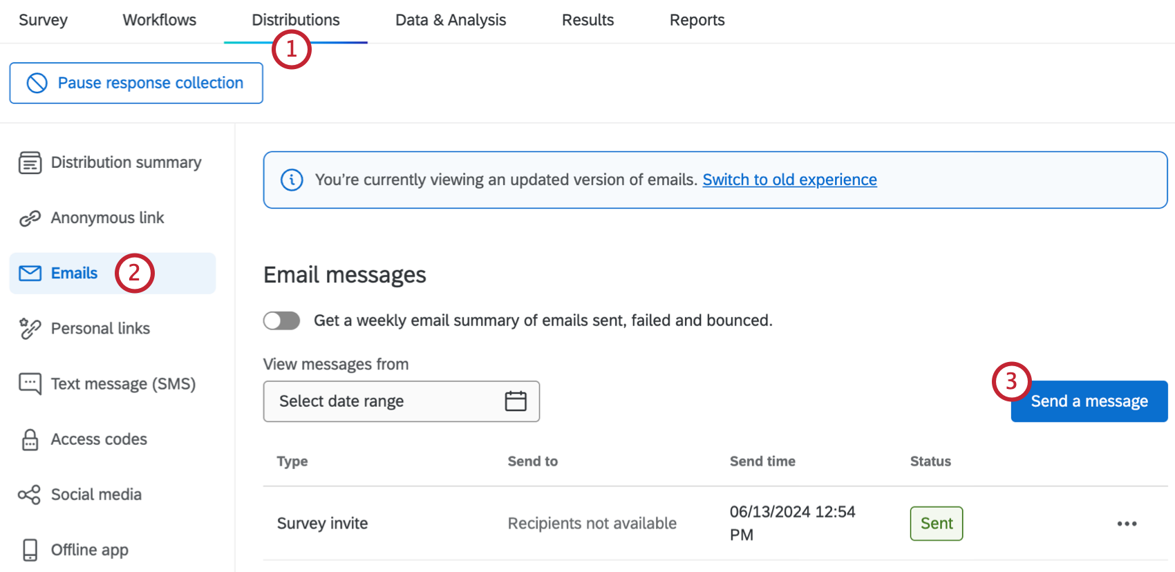 Button to send a message within the Emails tab