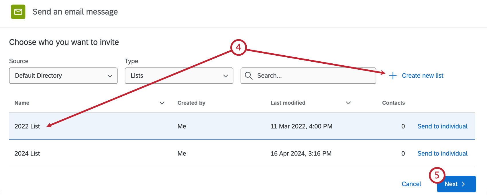 arrows pointing to a selected list as well as the button to create a new list
